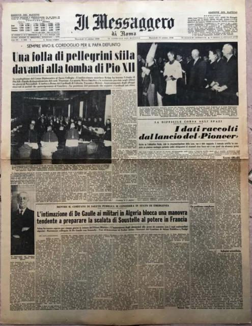 Tomba di Pio XII Giornale Il Messaggero originale 15 ottobre 1958