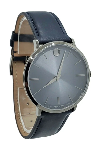 Movado 40 Ultra Slim Quartz Blue Museum Dial Men's  Leather Strap Watch 0607400