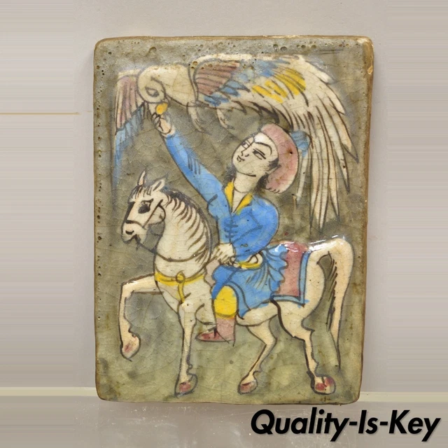 Antique Persian Iznik Qajar Style Ceramic Pottery Tile Horse Rider and Bird C4
