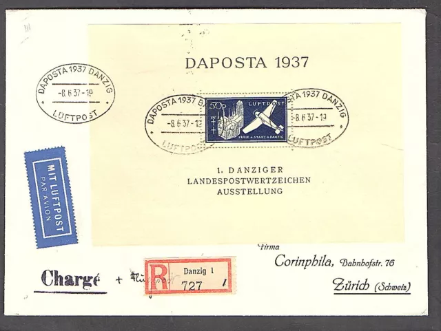 Danzig, R-Ausland-Luftpost-Brief mit MiF, Mi.-Nr. Block 2a, sign. gruberBPP.