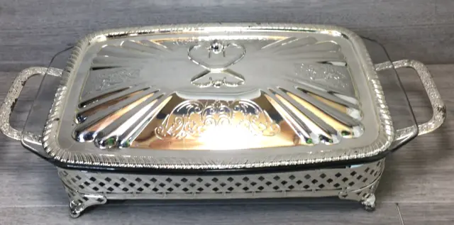 Vintage Silverplated Serving Dish Queen Anne Style Handles & Lid Pyrex Casserole