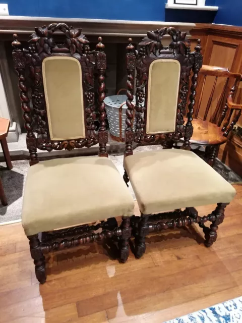 Stunning Pair Of Antique Victorian Oak Hall Chairs