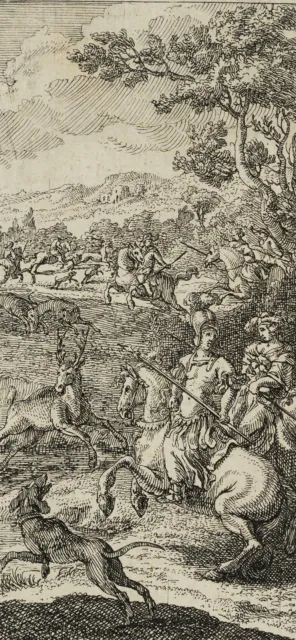 J. MEYER (1655-1712), Reiter zur Hirschjagd mit Herr und Dame zu Pferd, Rad.