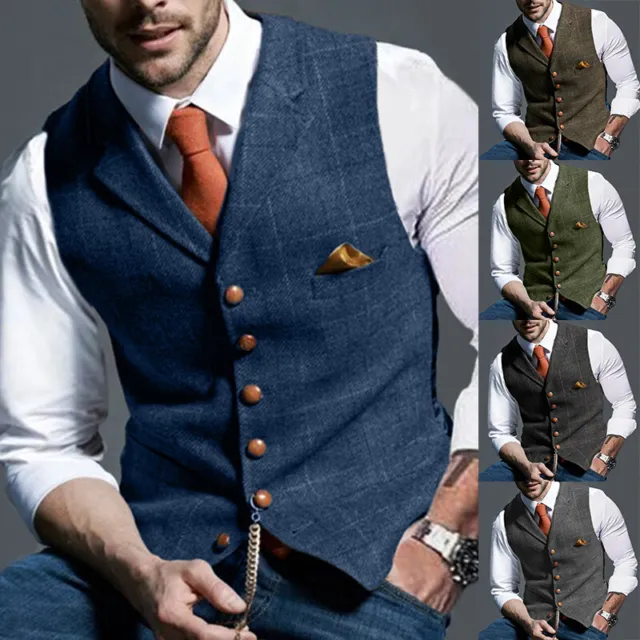 Men Retro Tweed Waistcoat Wool Blend Formal Plaid Herringbone Suit Vest Slim UK