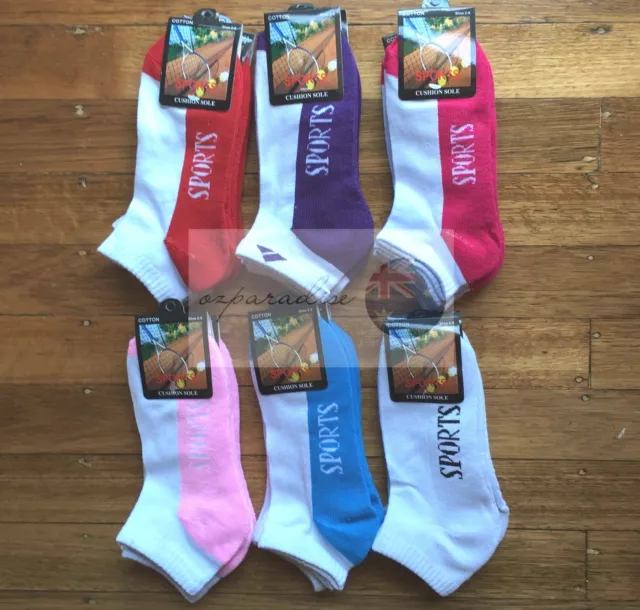 6 pairs COTTON Sport Cushion Foot Low Cut Ankle Running Socks Size 2-8 Assorted