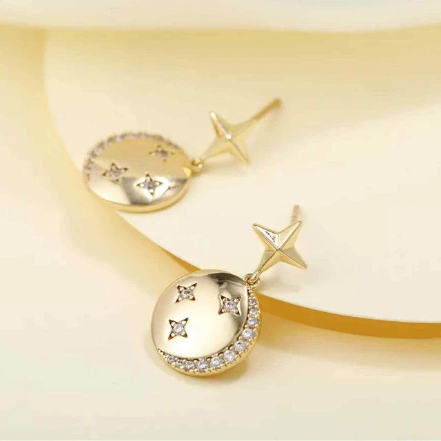 NEW 18K yellow gold pleated zircon star & moon round drop earrings jewelry B19A