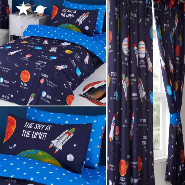 Sky Space Planets Stars Bedding Kids Duvet Cover Sets, Curtains, Fitted Sheets