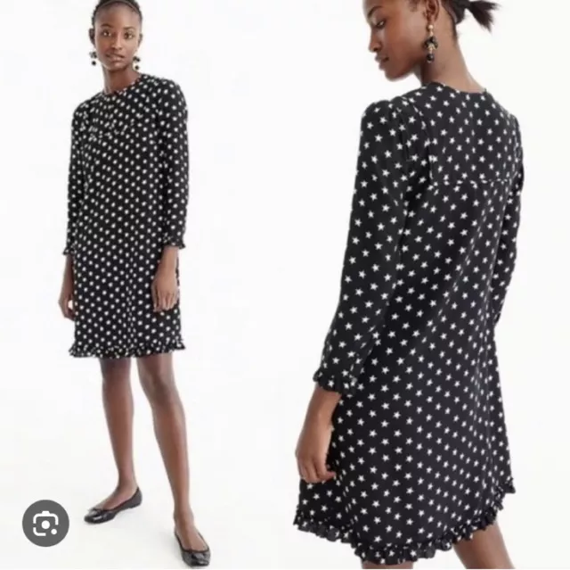 J.Crew NWOT 100% silk long sleeve black dress star print ruffled hem silk lined