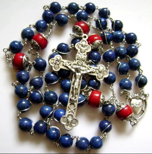 Sterling 925 Silver Lapis lazuli Beads Rosary CROSS CRUCIFIX CATHOLIC NECKLACE 2