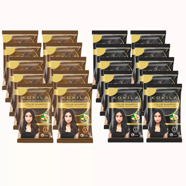 Kokila Shampoo Hair Color - (Black & Brown 10 Pieces Each) Pack of 20