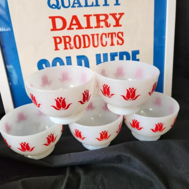 VTG Fire King Lot Of 5 Tulip Sealtest Cottage Cheese Glass Bowls & Sealtest Adv.