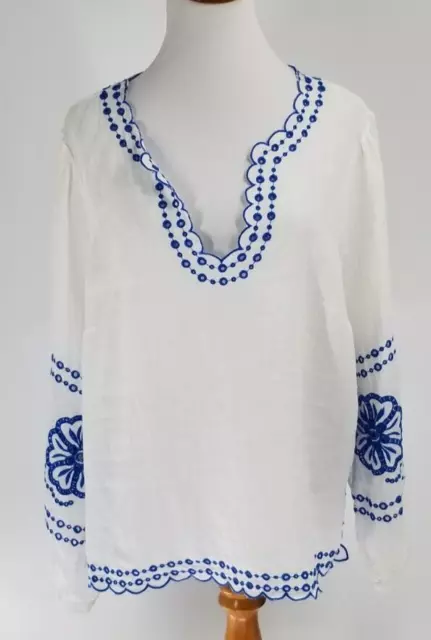 Camisa Top Bordada J CREW Talla XL Bungalow Lino Blanco Azul Borde Extra Grande