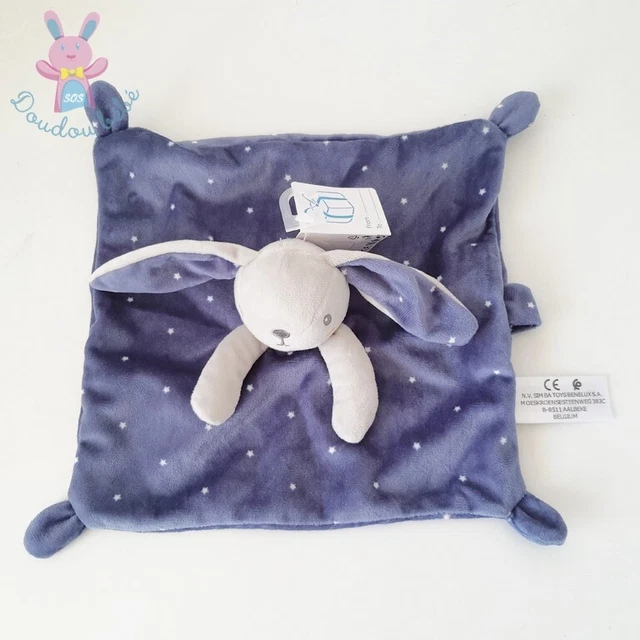 NEUF - Doudou plat Lapin bleu gris étoiles attache tétine SIMBA (3 dispos)