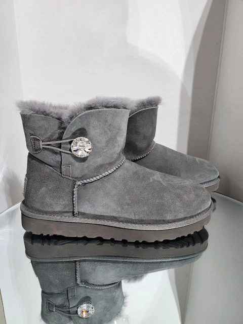 Ugg Grey Suede Mini Bailey Button Bling Swarovski Crystal Ankle Boots Size 11