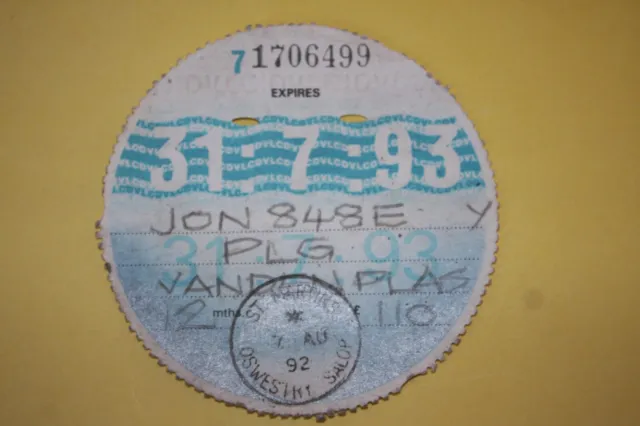 collectable tax disc  ~31:7:93 ~  VANDEN PLAS   ~