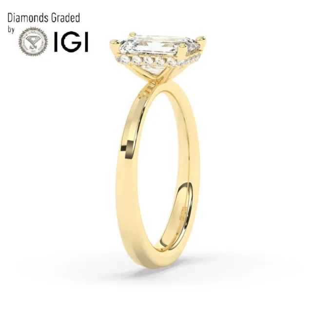 IGI, Emerald Cut Lab-Grown Diamond Hidden Halo Engagement Ring, 18K Yellow Gold
