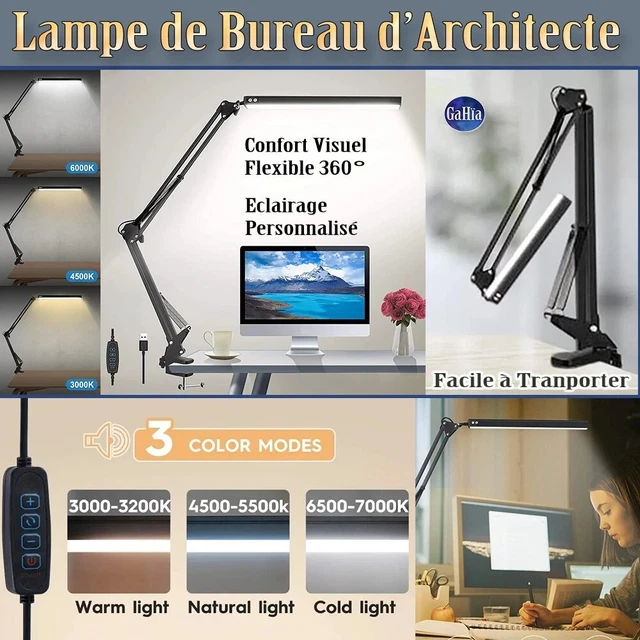 Lampe D'Architecte Pliable LED – Rotative 360° – Pince Et Bras Articulé – USB