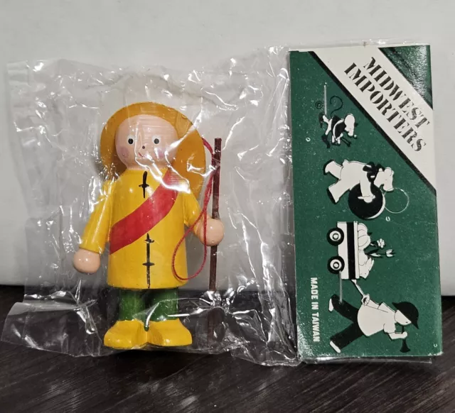 Vintage Midwest Importers Wooden Fisherman Christmas Ornament NOS
