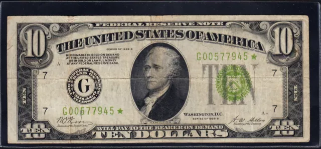 FR.2002-G* 1928B Chicago $10 “Gold on Demand” LGS Light Green FRN STAR NOTE VF
