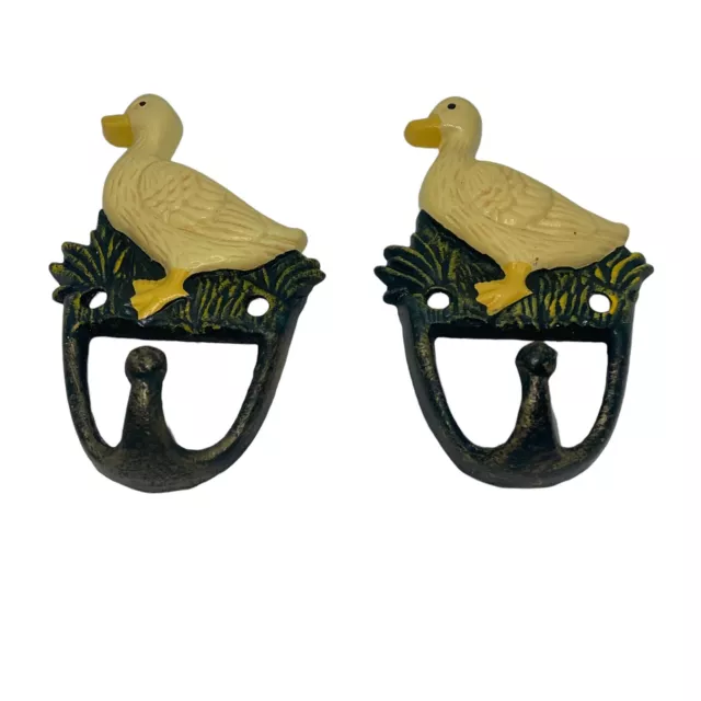 Vtg Cast Iron Hand Painted Yellow Goose Duck Bird Wall Hook Coat Key Hanger Set