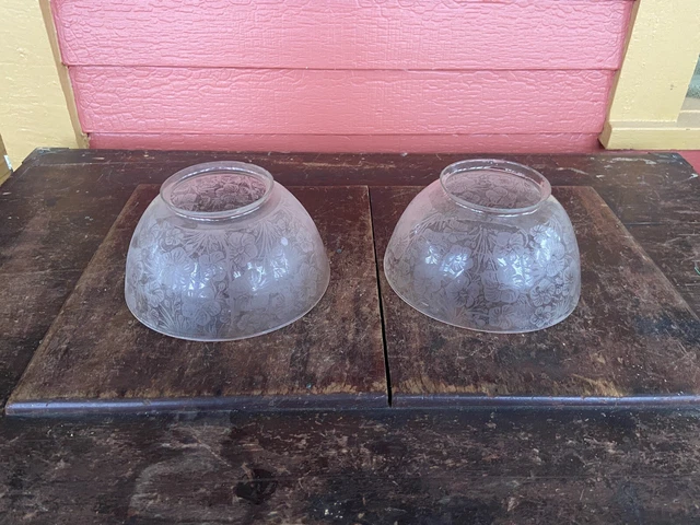 Pr Antique Victorian Embossed Etched Gas Lamp Shades 4” Fitter All Over Flowers