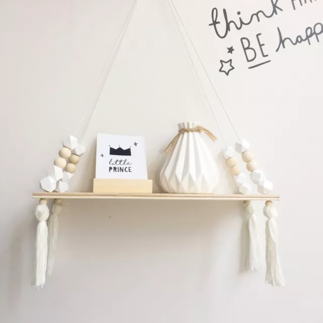 Wooden Nordic Style Hanging Tassel Bead Storage Wall Shelf Kids Nursery Bedroom 2