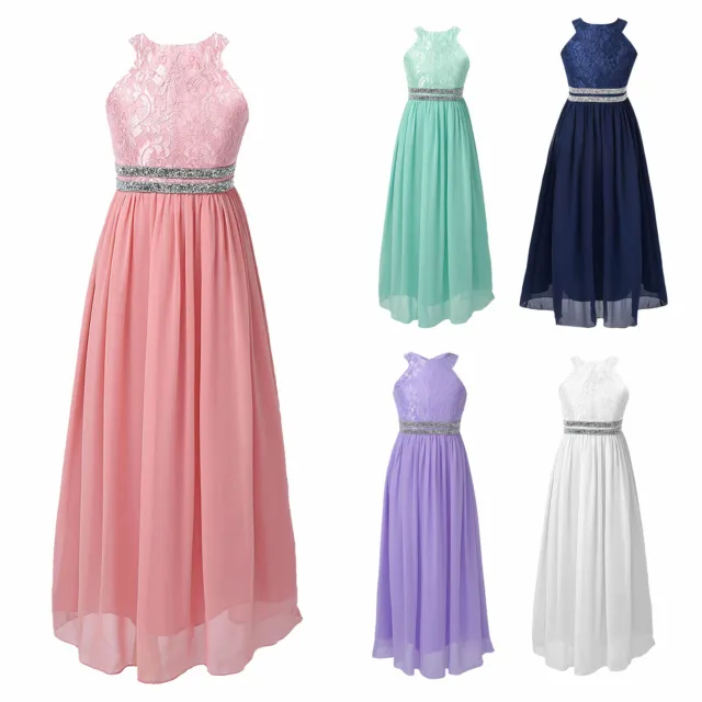 Kids Flower Girl Dress Floral Lace Chiffon Wedding Bridesmaid Party Formal Gown