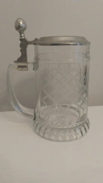 Vtg W German Glass Pewter Lidded Beer Stein BMF ZINN Clear Etched Criss-Cross