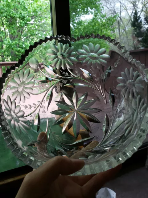 8" Bowl American brilliant Period Cut glass Crystal Engraved Floral Daisy ILLIG