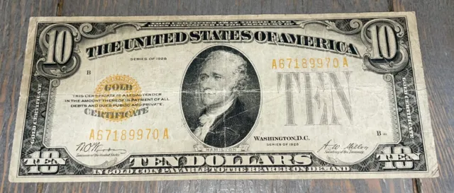 1928 $10 Ten Dollar GOLD CERTIFICATE Small Size Circulated Nice VF, (SKU 134)