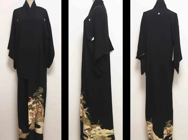 Vintage kimono - Tomesode, Pine tree, flower and gosyoguruma, Five circle crest