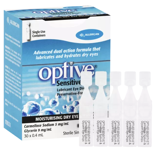 Optive Sensitive Eye Drops 30 x 0.4mL Vials Moisturising Solution Dual Action