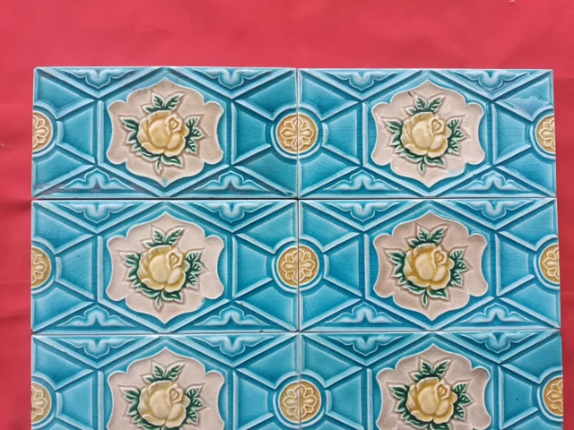 8 Piece Lot Old Art Flower Design Embossed Majolica Ceramic Tiles Japan 0193 4
