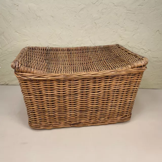 Large Rectangle Basket Woven Wicker Brown Antique Storage Lidded Leather Lid