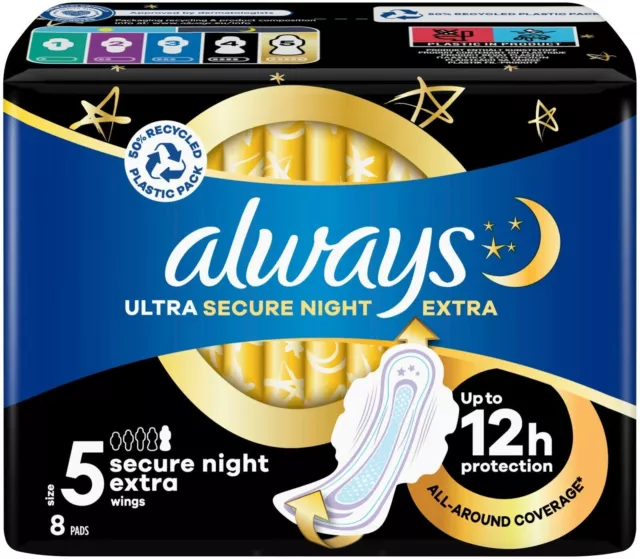 8 x Always Ultra Sanitärhandtuchpolster sicher trockene Nacht extra mit Flügeln, Größe 5 2