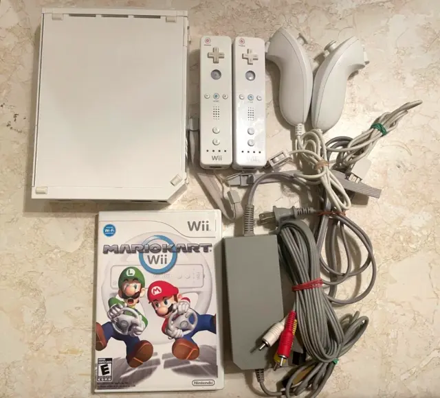 Nintendo Wii Bundle White Console + Mario Kart + 2 Wiimotes & Nunchuks