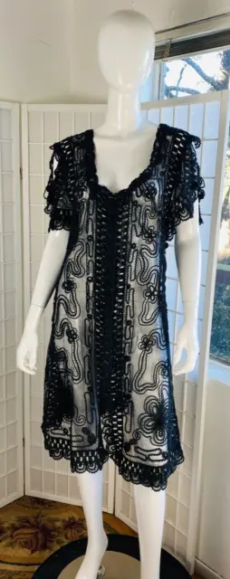 Antique Early 20th Century Edwardian Women's Hand Sewn Black Soutache Lace Dress