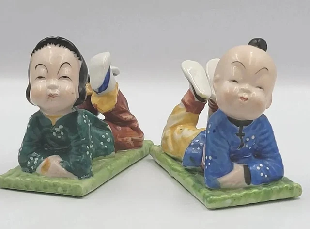 Vintage 1940's Porcelain Japanese Boy and Girl Prone Figurines Occupied Japan