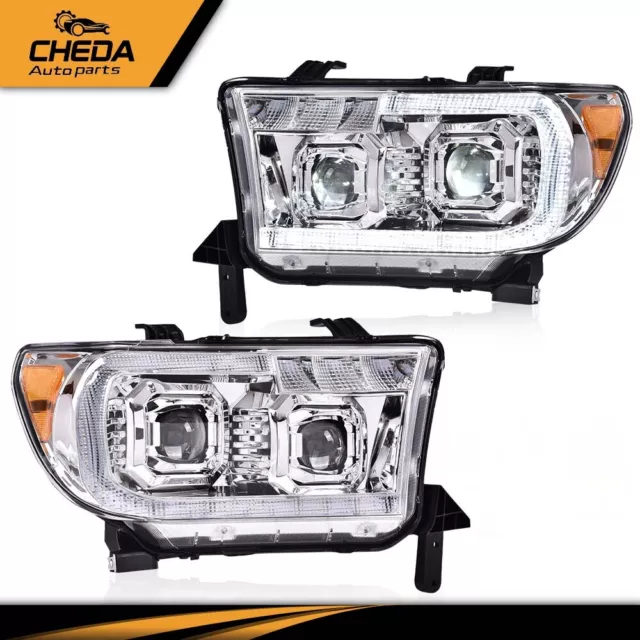 LED Tube Projector Headlights Chrome/Amber Fit For Toyota 07-13 Tundra Sequoia