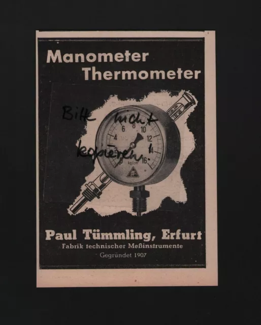 ERFURT, Werbung 1941, Paul Tümmling Fabrik technischer Messinstrumente