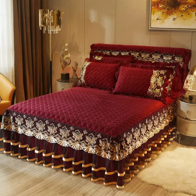 Matelassé Luxe Velours Lit Jupe Couvre-Lit Dentelle Ruffle Goutte Bâche Maison