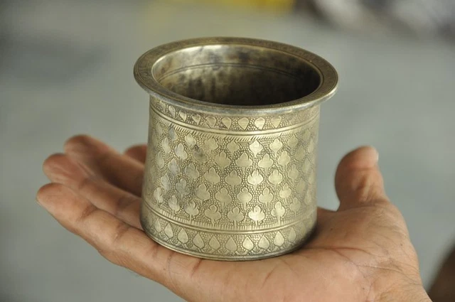 Old Brass Handcrafted Floral Engraved Solid Heavy Water Pot , Rich Patina
