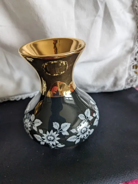 Prinknash Pottery 2 Small Black & Gold Vases Floral Design 3