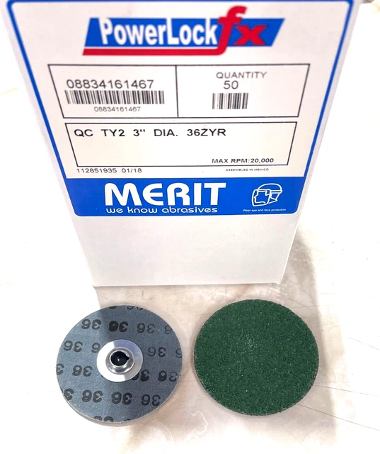 MERIT 3" Quick Change Sanding Discs Turn-On Style 36 Grit Zirconia Alumina 50pk