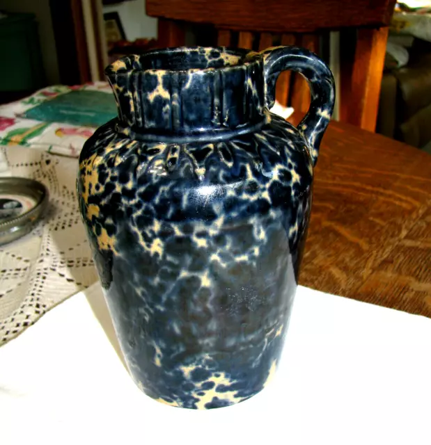 Antique Syrup Jug by Frederick Weeks-Cobalt Blue Spongeware on Yellow Ware