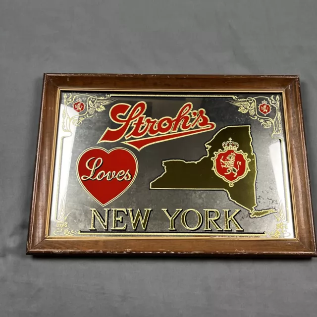 Vintage Beer Bar Sign Mirror STROH'S Loves New York Man Cave Decor Glass 22”X15”