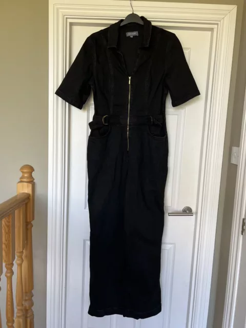 Sosandar Black Zip Front Wide Leg Denim Jumpsuit SIZE 16 R