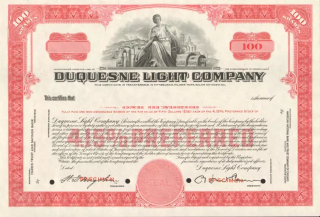 Duquesne Light Company Pennsylvania utility company red stock certificate