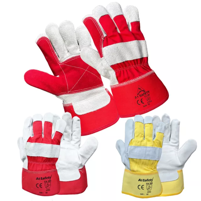 Canadian Double Palm Rigger Gloves Heavy-Duty Leather Safety Gauntlet Red Yellow