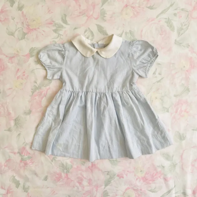 Vintage 50s 60s 70s Baby Girl Dress Blue Pinstripe Puff Sleeve Collar Size 1